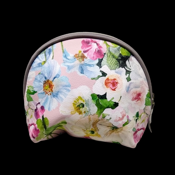 Betsey Johnson 7.5"t Vinyl Zip Gray Pink Floral Cosmetic Pouch Clutch NWOT - Picture 2 of 8